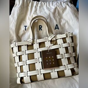 Trademark White and Tan Woven leather Frances Cage Tote Bag